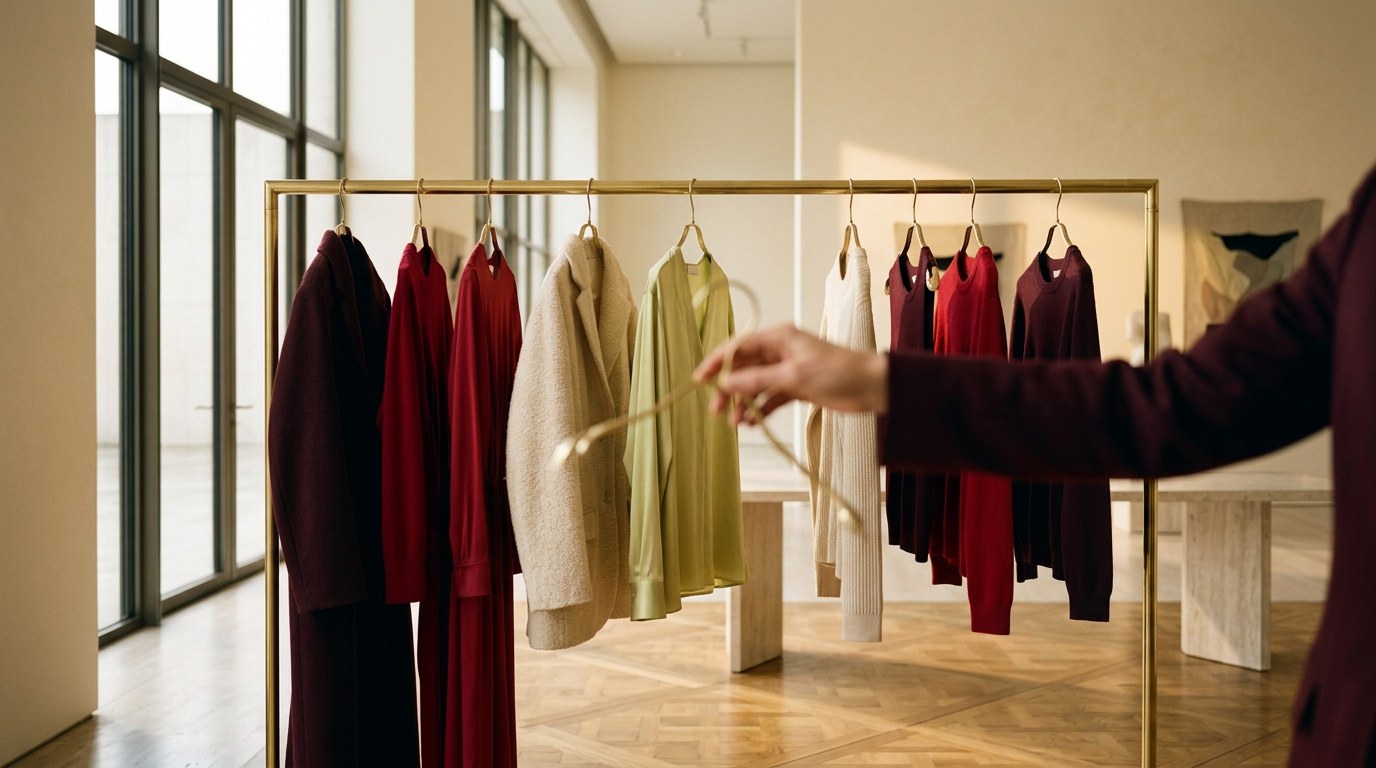 A buyer reaching for a hanger on a brass rail of burgundy, red, cream and chartreuse pieces in a light-filled showroom